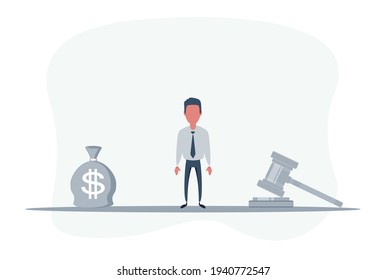 Bag of money with a dollar sign and a judge's hammer on the scales. Concept lobbying for the adoption of a law or a norms, corruption. Payment of fines and penalties. award of compensation for damage