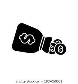 A bag of money with a dollar sign lies on its side and coins are pouring out of it. Vector icon, black silhouette, flat cartoon minimal design, isolated on white background, eps 10.
