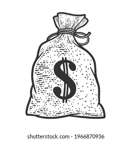 bag with money and dollar sign sketch engraving vector illustration. T-shirt apparel print design. Scratch board imitation. Black and white hand drawn image.