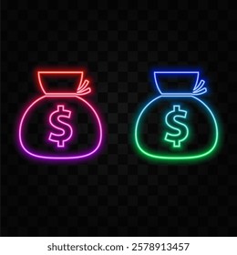 Bag with Money Dollars Icon Vector Illustration. neon style.