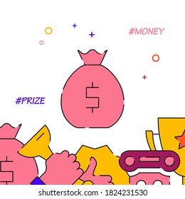 Bolsa con icono vector de línea rellena de dinero, ilustración simple, recompensa relacionada borde inferior.