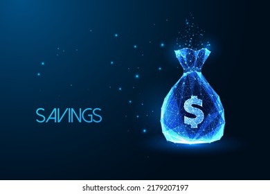 Bag of money, finance, savings concept in futuristic glowing low polygonal style on blue backgound.