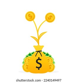 A bag of money, Financial investments. Money grows. Concept of financial management. investments in company shares, cryptocurrencies. Vector illustration