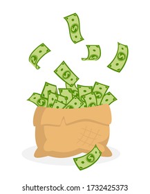 Bag of money. Flat cartoon packing banknotes, green dollar. Concept finance and banks, savings, investments. Hundreds dollars, paper bills. Isolated on white background.