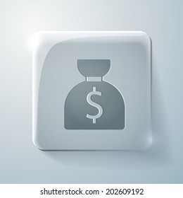 bag of money. Glass square icon with highlights
