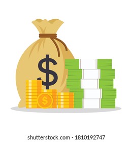 bag money with gold coin and banknotes. business and finance concept. Bank income and profit. vector illustration in flat style modern design. isolated on white background. 