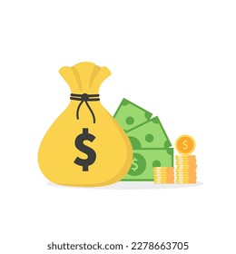 Bag of money, golden coins stacked up. Banknotes, dollars, business. Vector illustration in flat style. Isolated on white background.