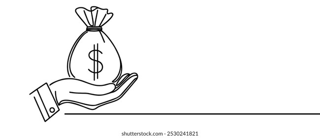 Bolsa de dinero en mano. Concepto de negocio de dibujo continuo de una línea
