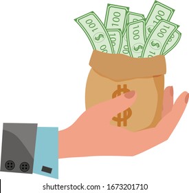 Bolsa de dinero en mano.Concepto de actividad bancaria.Ilustración vectorial plana.