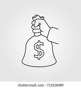 Bag of money in hands of businessman. Minimal line design. Earning money concept. Banking, investment, deposit. Giving, pay with coins. Vector illustration flat style. Isolated on white background.