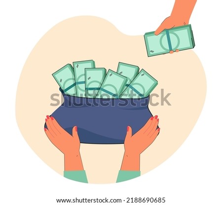 Bag of money in human hands flat vector illustration. Rich person receiving wage, salary or saving money. Wealth, finance concept for banner, website design or landing web page