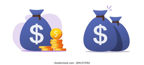 Bag with money icon, canvas coins moneybag flat, dollar sack with gold cash stack pile or heap isolated on color and white background cartoon illustration vector  