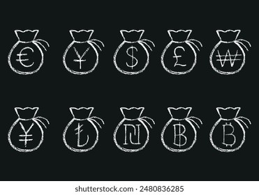 Tasche mit Geld-Icon-Set mit Kreide-Textur auf schwarzem Hintergrund. Dollar, Pfund Sterling, Yen, Yuan, Schekel, türkische Lira, Baht, Won und Euro Dollar Währungszeichen. Vektorillustration. Keine KI erstellt.