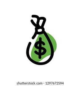Bag with money icon. Vector hand drawn illustration. Line symbol