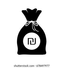 Bag Of Money With  Israeli New Shekel Logo In Black And White Icon, Israel Currency Sign Isolated On White Background