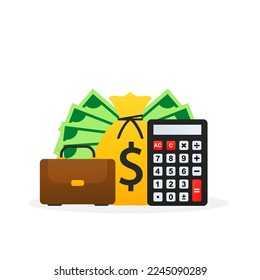 Bag of Money logo template. Money cash bills, calculator with investment portfolio. Economy, business and finance. Vector illustration
