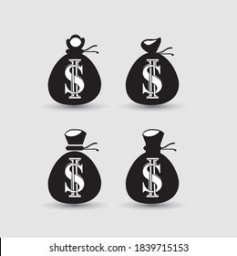 Plantilla con el logotipo de la bolsa de dinero. Icono de bolsa de dinero, ilustración de caricatura simple de bolso de dinero. Ilustración vectorial.
