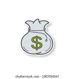 Bag with money patch. Sack with rope and dollar sign. Color sticker. Vector isolated illustration