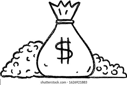 bag of money and piles of coins,hand drawn crayon illustration,vector