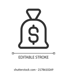 Bag of money pixel perfect linear ui icon. Personal savings. Business investment. GUI, UX design. Outline isolated user interface element for app and web. Editable stroke. Arial font used