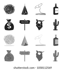 Bag of money, saloon, cowboy kerchief, cactus. Wild west set collection icons in black,monochrome style vector symbol stock illustration web.