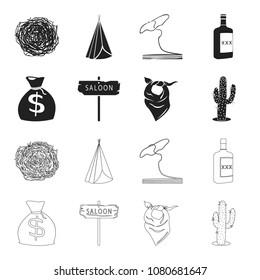 Bag of money, saloon, cowboy kerchief, cactus. Wild west set collection icons in black,outline style vector symbol stock illustration web.