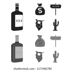 Bag of money, saloon, cowboy kerchief, cactus. Wild west set collection icons in black,monochrome style vector symbol stock illustration web.