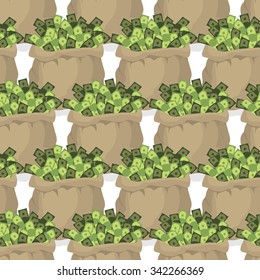 Bag with money seamless pattern. Many dollars in bags. Texture with treasures.