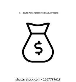 Bag with money simple line icon vector illustration.Editable stroke. 48x48 Pixel Perfect.