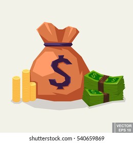 Bag money Stack coins cash banknotes cartoon vector illustration eps10