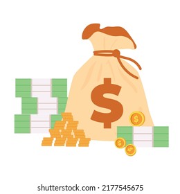 a bag of money and a stack of paper money and coins on an isolated background in a cartoon flat style