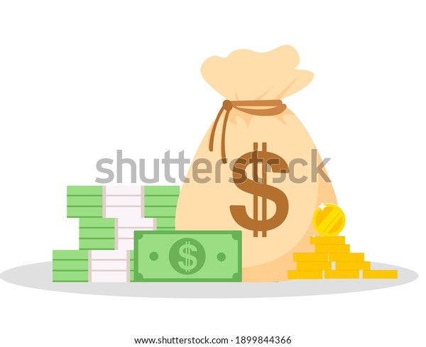 a bag of money and a stack of paper\
money on an isolated background in a cartoon flat style.a stack of\
dollar bills and round coins.cash on\
hand