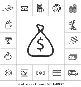 bag with money. thin line money icon set