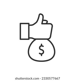 Bag of money and thumbs up, get money, linear icon, lots of money. Line with editable stroke