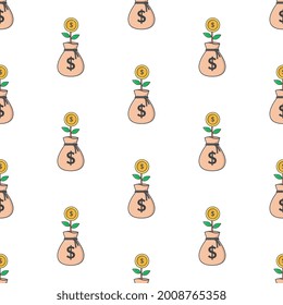 Bag With Money Tree Seamless Pattern On A White Background. Business Theme Vector Illustration