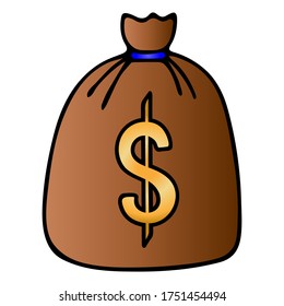 Bag with money. Us dollar icon on the package. Monetary currency. Color vector illustration on an isolated white background. Subjects of business and finance. Treasure inside. Cartoon style.