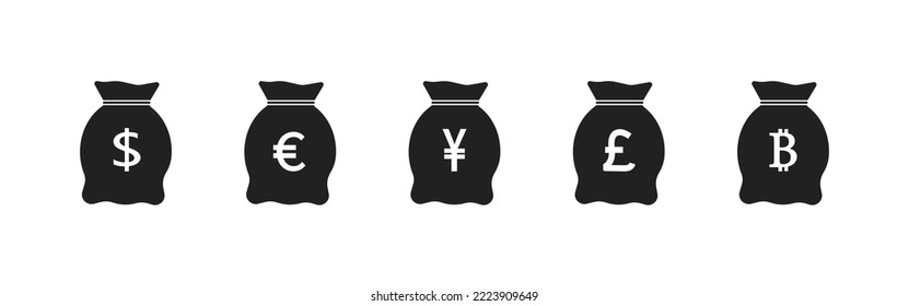 Bag of money vector icon set.  Money bag dollar, euro, pound, yen, bitcoin, symbol.  Set on a white background.  Simple style. 