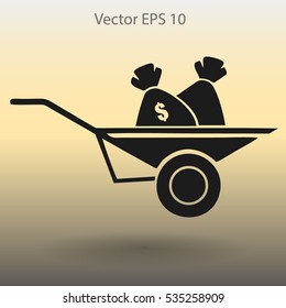 bag of money in a wheelbarrow vector illustration