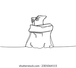 Bag of money, winnings, gift, cash, banknotes, dollars, hryvnia, euro one line art. Continuous line drawing of bank, money, finance, financial, payment, data, savings, economic, wealth, credit