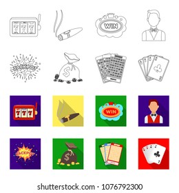 A bag with money won, cards for playing Bingo, playing cards. Casino and gambling set collection icons in outline,flat style vector symbol stock illustration web.