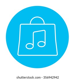 Tasche mit Notensymbol für Web-, Mobil- und Infografiken. Vektorweißes Symbol auf hellblauem Kreis, einzeln auf weißem Hintergrund.