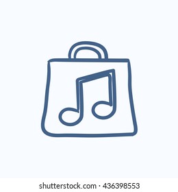 Bag with music note vector sketch icon isolated on background. Hand drawn Bag with music note icon. Bag with music note sketch icon for infographic, website or app.