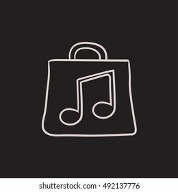 Tasche mit Musiknote, Vektorgrafik Symbol einzeln auf Hintergrund. Handgezeichnete Tasche mit Notensymbol. Tasche mit Notenskizze Symbol für Infografik, Website oder App.