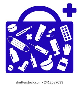 Bag with necessary pharmacy items. Antiseptic, syringe, mask, mortar, thermometer, patch, pills, inhaler, gloves, nasal spray. Blue and white. Flat vector illustration.