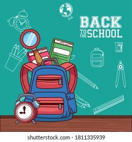 bag with notebooks lupe and clock design, Back to school eduacation class and lesson theme Vector illustration