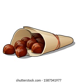 A bag of nuts, hazelnuts isolated on a white background. Vector cartoon close-up illustration