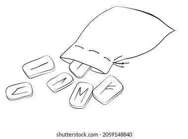 Bag with old norse Scandinavian runes for fortune-telling. Ancient occult magic symbols. Monochrome black line doodle illustration isolated on white.