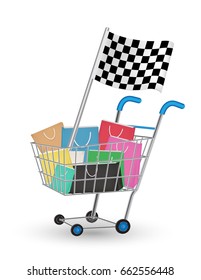 bag on a shopping cart with racing flag