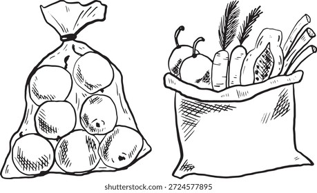 Um saco de laranjas e um saco de vegetais variados. As laranjas são redondas e brilhantes, enquanto os legumes incluem cenouras, pimentões e verduras folhosas.