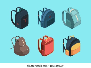 Bolsa isométrica. Bolso escolar para niños símbolos educativos o equipaje para viajeros colección de vectores